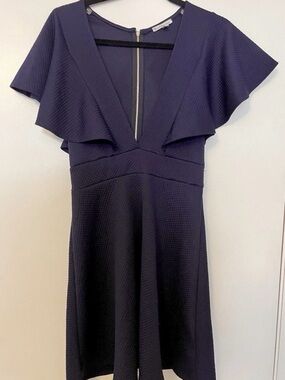 Charlotte Russe Textured Deep Navy V-Neck Fit & Flare Mini Dress medium